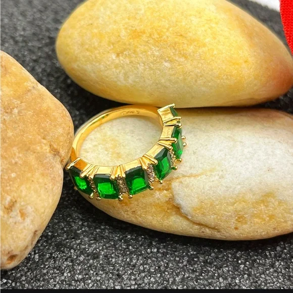 NEW Radiant Real Gold Plated Green Emerald Stones CZ Stacking Half Eternity Ring - Picture 2 of 5